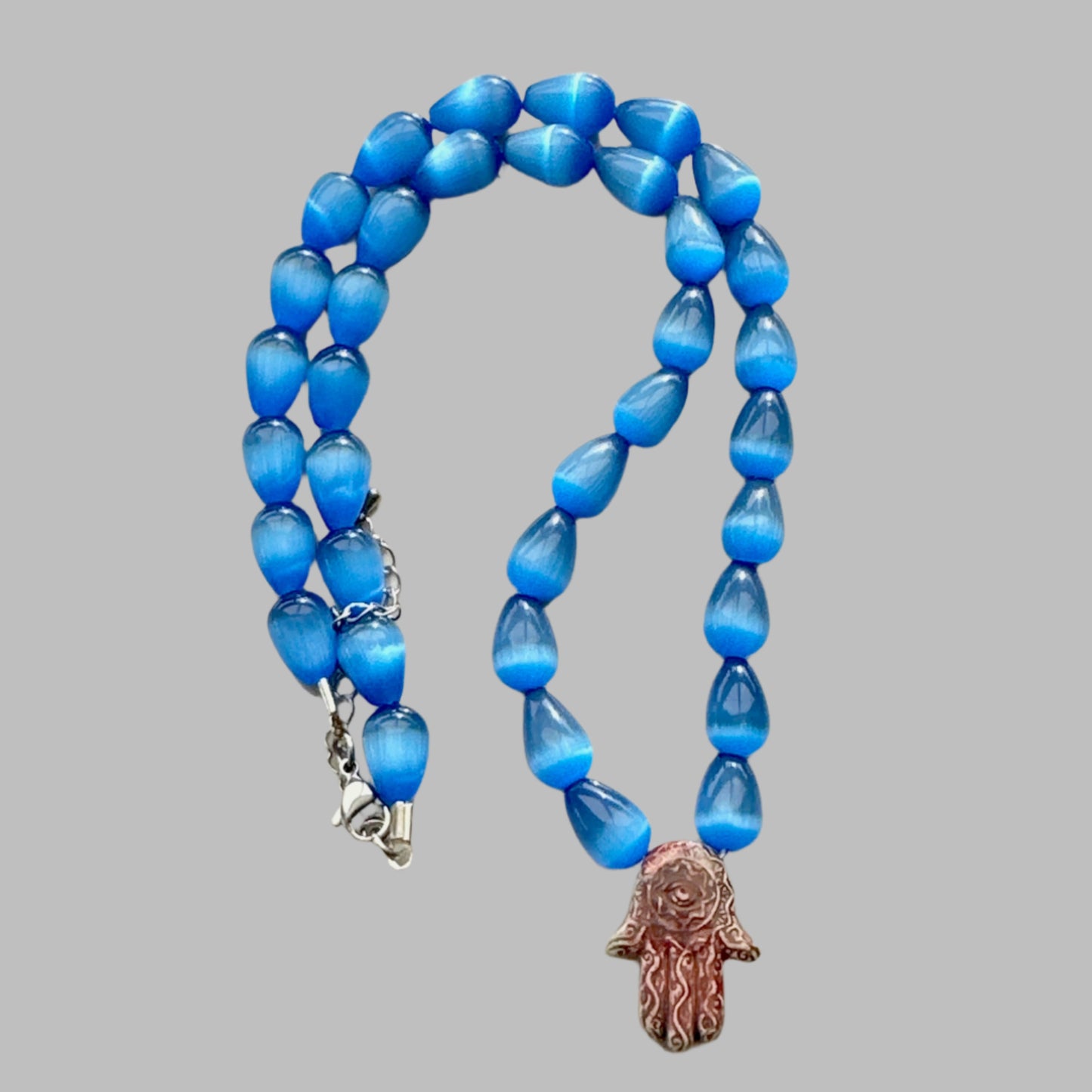Raku HamsaNecklace with 15mm Blue Drop