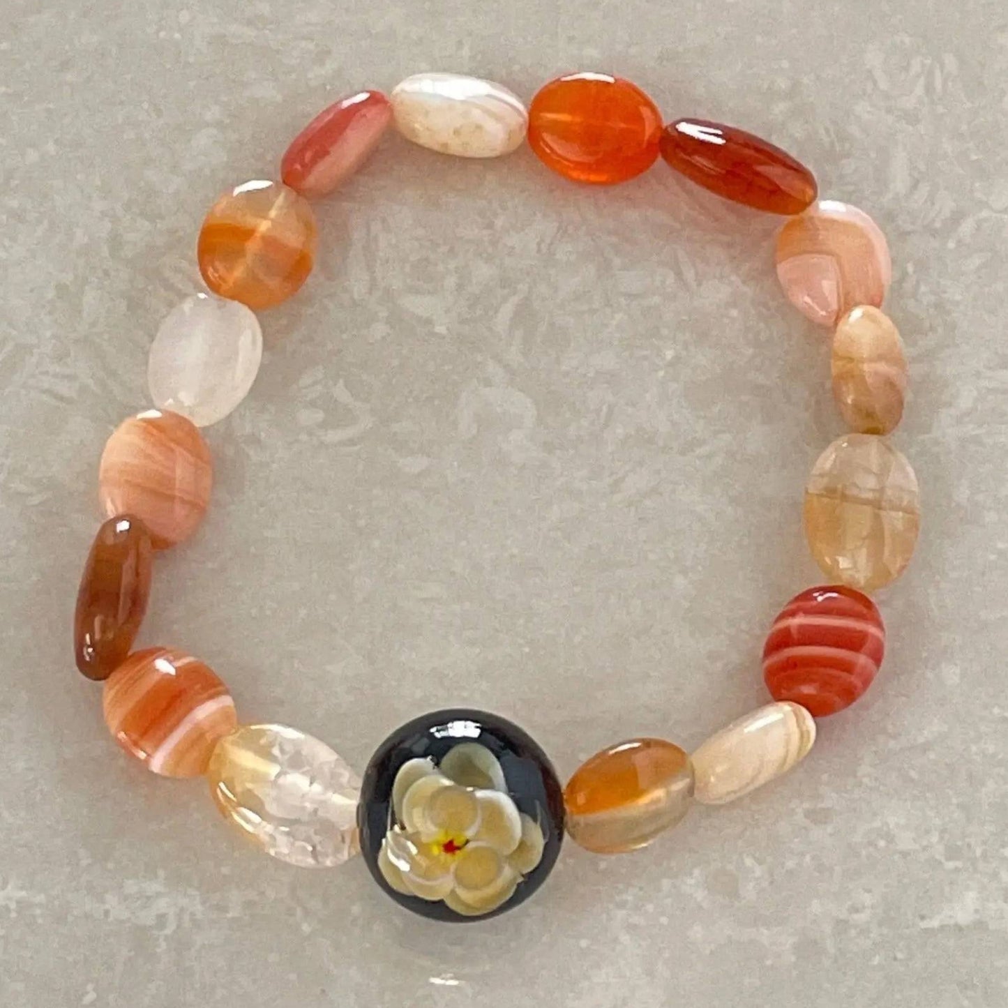 Handmade Botswana Agate bracelet with Sakura Cherry Blossom focal bead - Uplift Beads