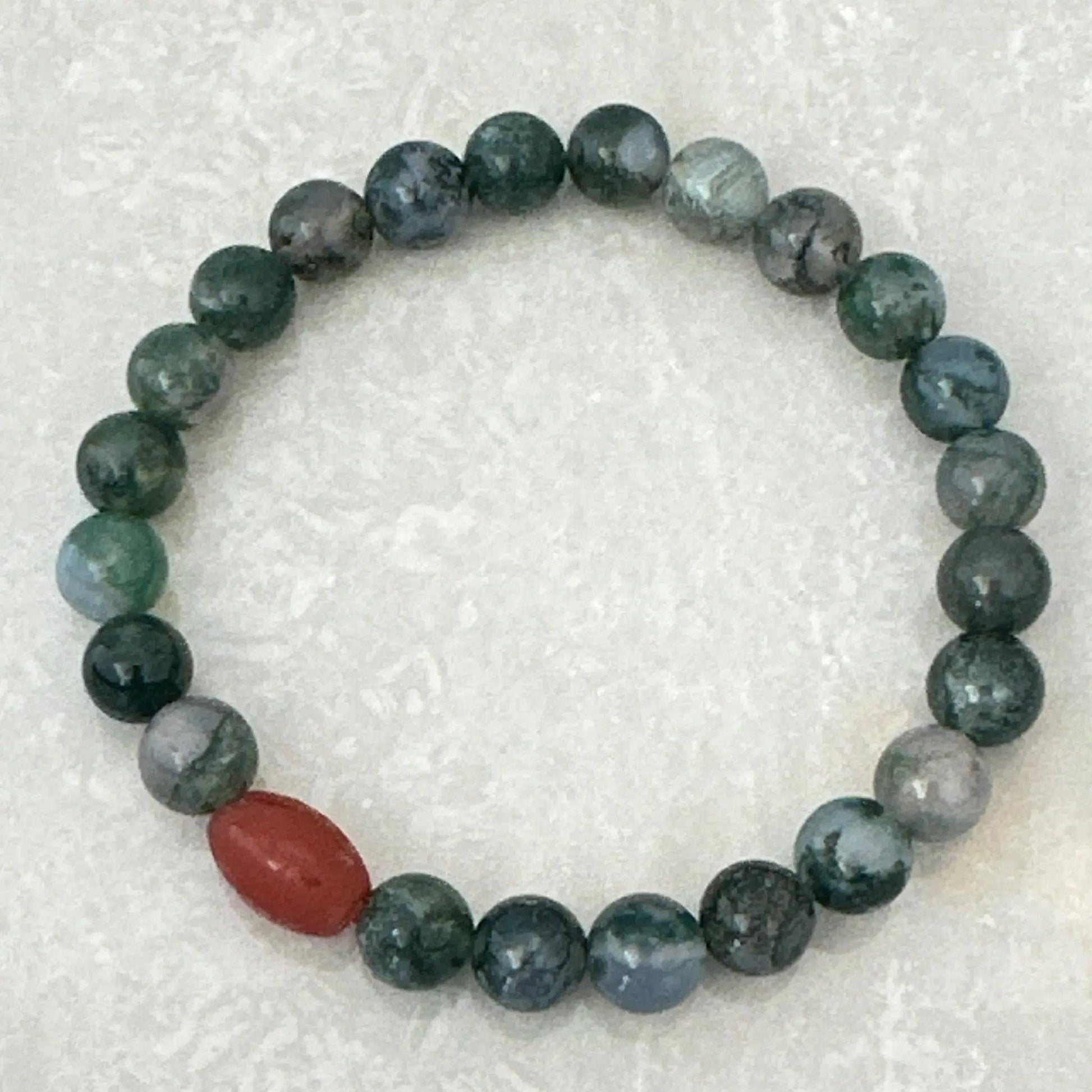 Green Moss Agate gemstone bracelet with Red Agate accent - Uplift Beads
