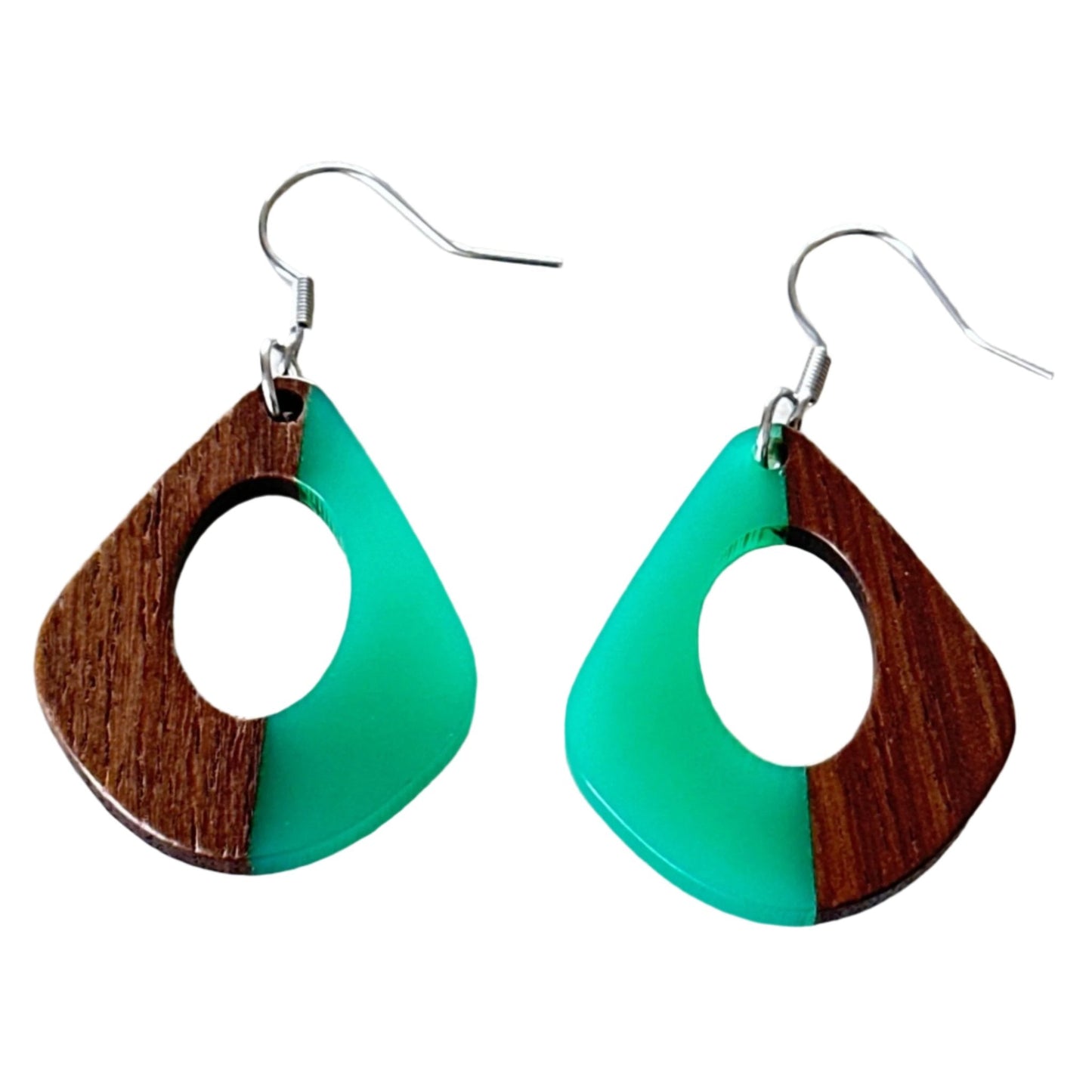 Green Resin & Wood Hollow Water Drop Earrings - Uplift Beads