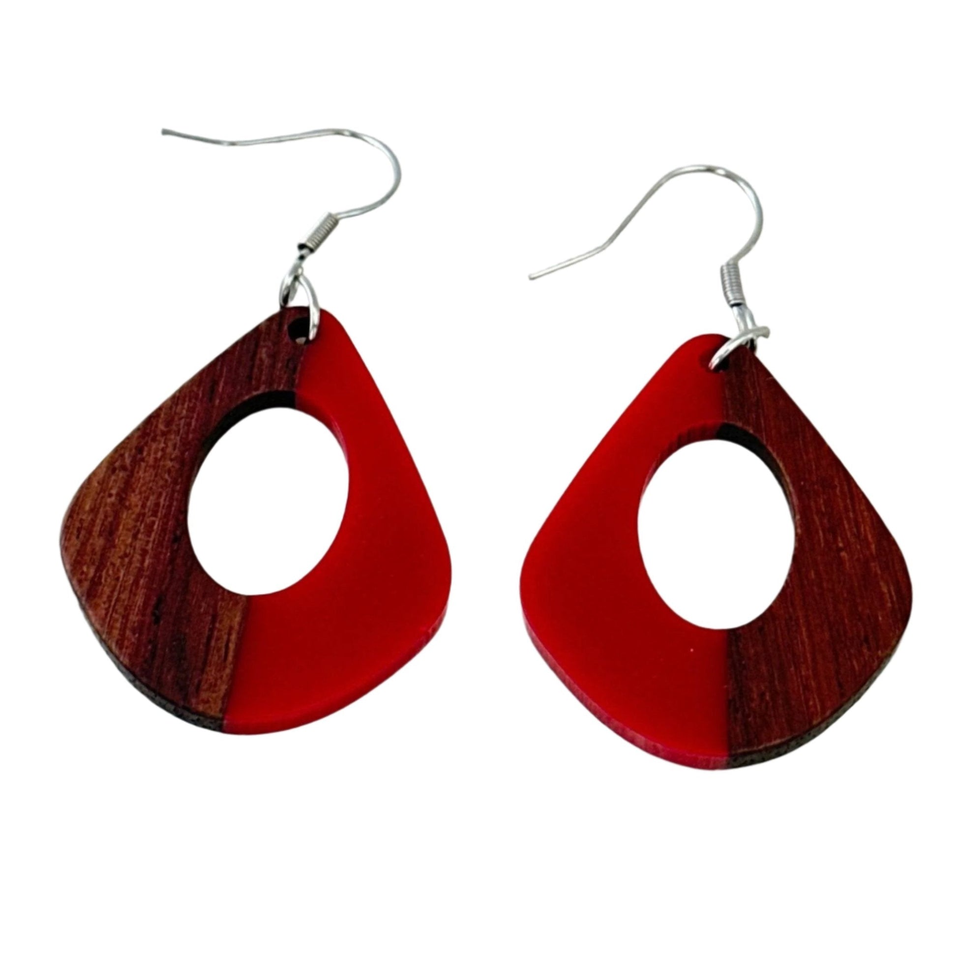 Red Resin & Wood Hollow Water Drop Earrings - Uplift Beads