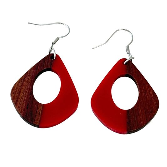 Red Resin & Wood Hollow Water Drop Earrings - Uplift Beads