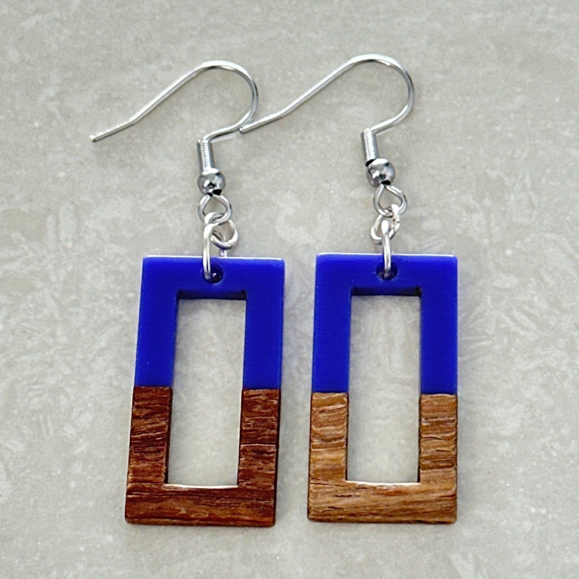 Lightweight rectangular wood and resin statement earrings - Uplift Beads