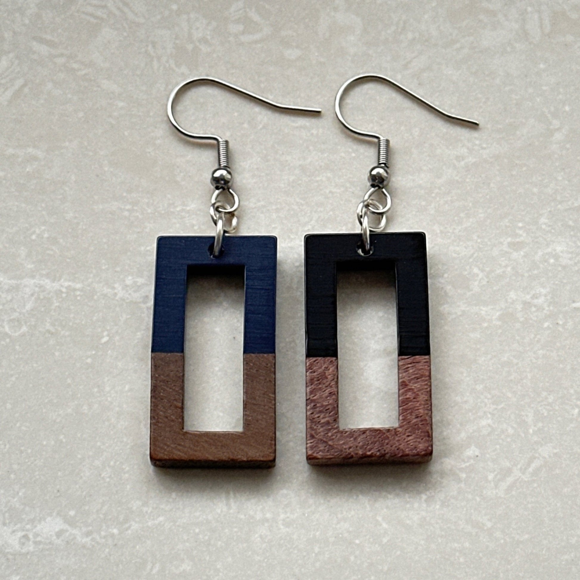 Lightweight rectangular wood and resin statement earrings - Uplift Beads